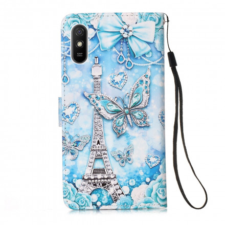 Xiaomi Redmi 9A Tasche Eiffelturm Schmetterlinge mit Riemen
