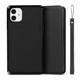 Flip Cover iPhone 11 Echt Litschi-Leder mit Riemen
