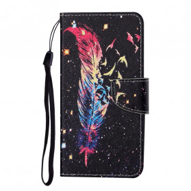 Samsung Galaxy A12 Tasche Bunte Feder mit Riemen