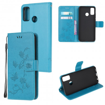 Moto G50 Tasche Schmetterlinge und Blumen mit Riemen