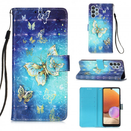 Samsung Galaxy A32 4G Tasche Goldene Schmetterlinge Riemen