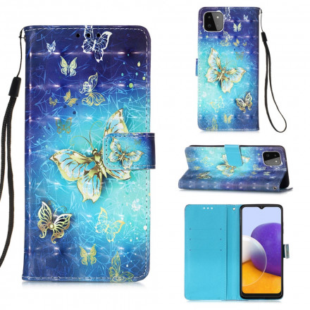 Samsung Galaxy A22 5G Tasche Goldene Schmetterlinge mit Riemen