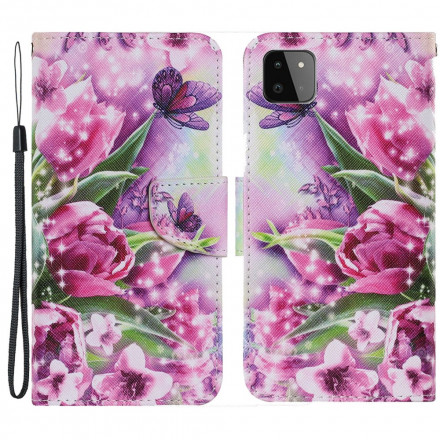 Hülle Samsung Galaxy A22 5G Schmetterlinge und Tulpen