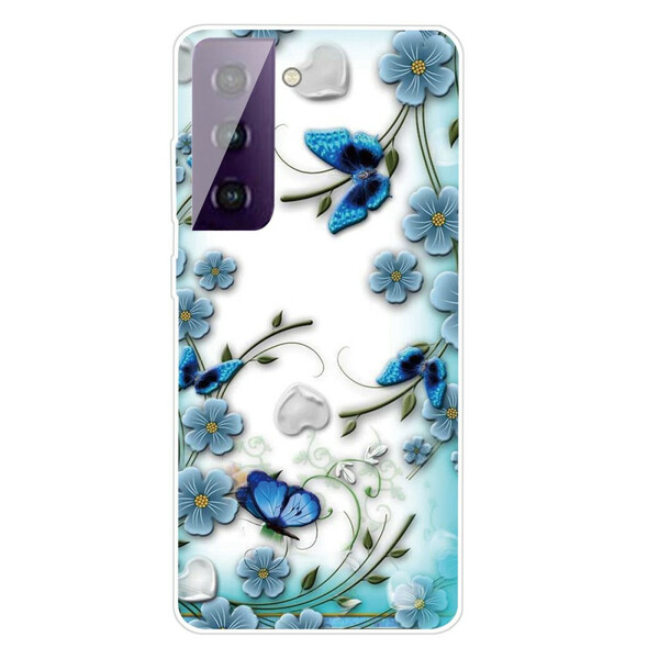 Samsung Galaxy S21 FE Cover Retro Schmetterlinge und Blumen