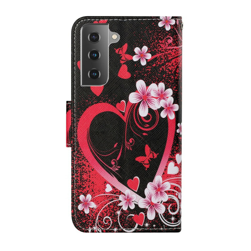 Samsung Galaxy S21 Hülle Blumen und Herzen mit Riemen