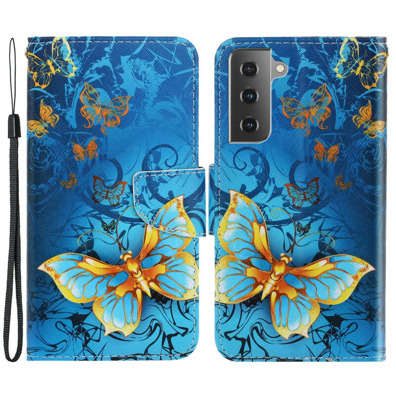 Hülle Samsung Galaxy S21 FE Variationen Schmetterlinge mit Riemen