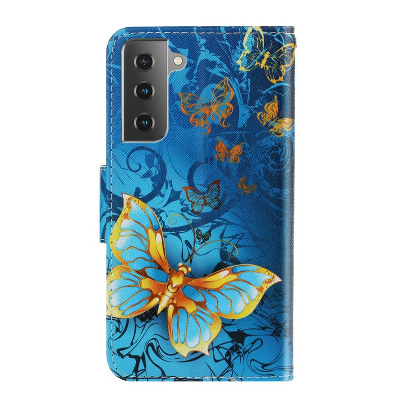 Hülle Samsung Galaxy S21 FE Variationen Schmetterlinge mit Riemen