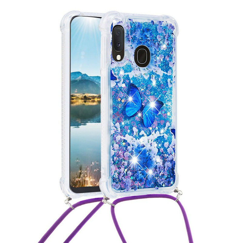 Samsung Galaxy A20e Cover mit Kordel Glitter Schmetterlinge