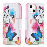 iPhone 13 Mini Hülle Gemalte Schmetterlinge und Blumen