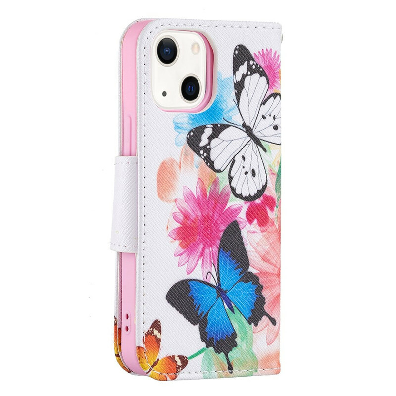 iPhone 13 Mini Hülle Gemalte Schmetterlinge und Blumen