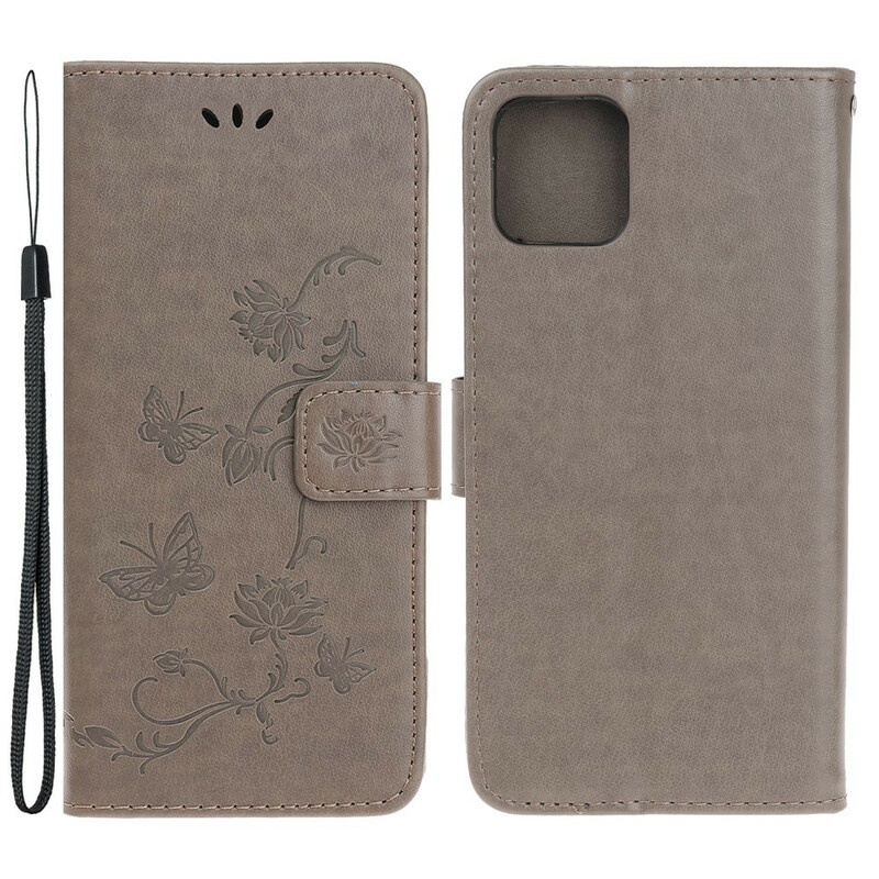 iPhone 13 Mini Hülle Schmetterlinge und Blumen mit Riemen