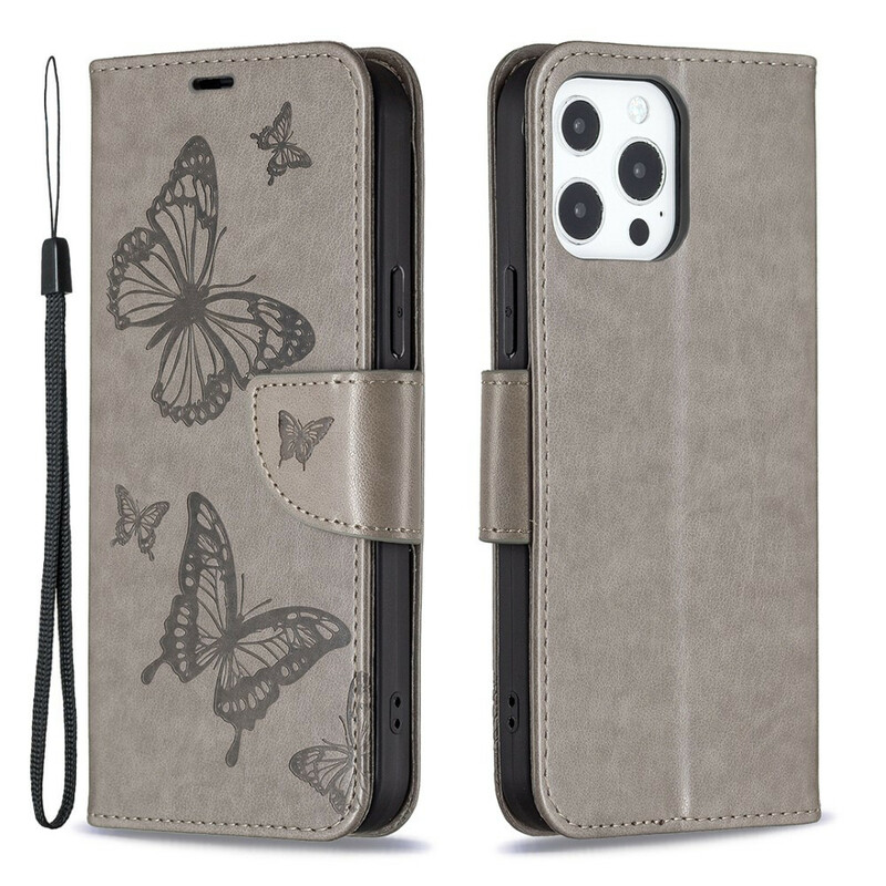 iPhone 13 Pro Hülle Bedruckte Schmetterlinge mit Riemen