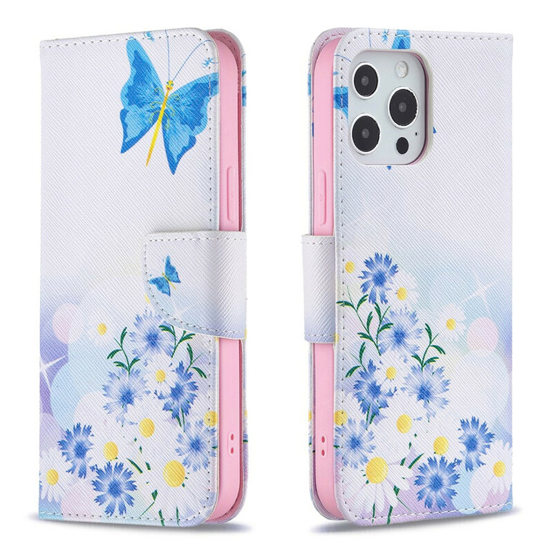 iPhone 13 Pro Max Hülle Gemalte Schmetterlinge und Blumen