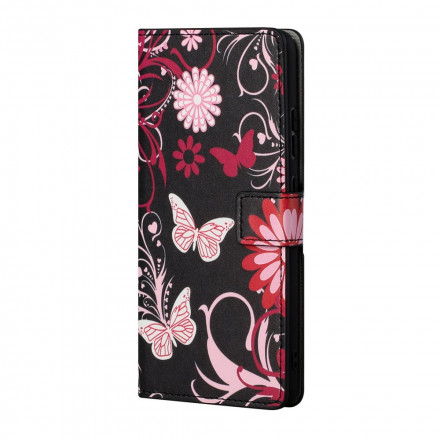 Xiaomi Redmi 10 Tasche Schmetterlinge und Blumen mit Riemen