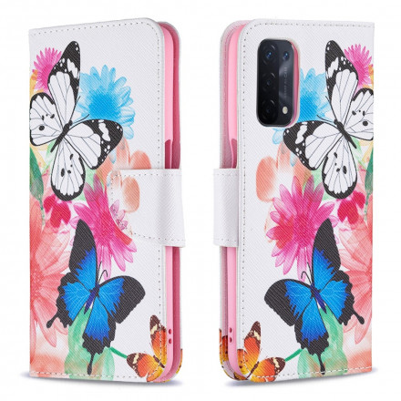 Hülle Oppo A54 5G / A74 5G Gemalte Schmetterlinge und Blumen