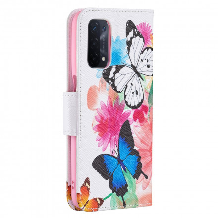 Hülle Oppo A54 5G / A74 5G Gemalte Schmetterlinge und Blumen