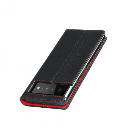 Flip Cover Google Pixel 6 Echtleder Litchi mit Riemen Flip Cover Google Pixel 6 Echtleder Litchi mit Riemen