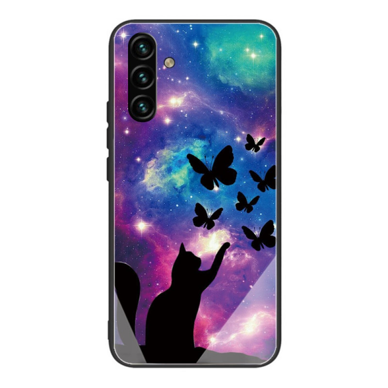 Samsung Galaxy A13 5G / A04s Cover aus gehärtetem Glas Katze und Schmetterlinge im Weltraum