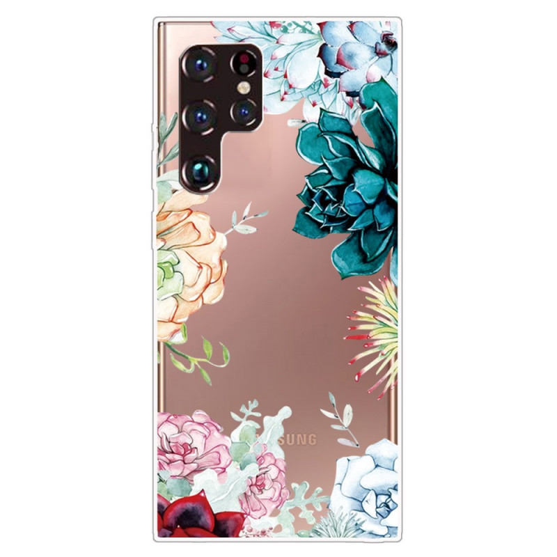Samsung Galaxy S22 Ultra 5G Hülle Transparent Aquarell Blumen