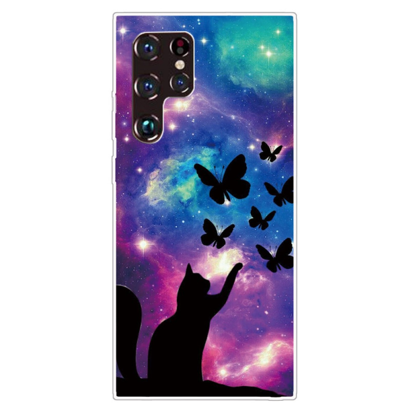 Samsung Galaxy S22 Ultra 5G Cover Katze und Schmetterlinge Im Weltraum