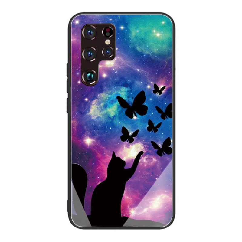 Samsung Galaxy S22 Ultra 5G Panzerglas Cover Katze und Schmetterlinge Im Weltraum