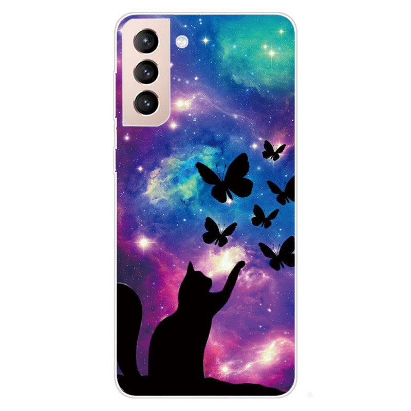 Samsung Galaxy S22 5G Cover Katze und Schmetterlinge Im Weltraum