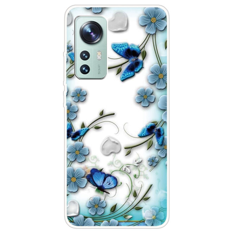 Xiaomi 12 / 12X / 12S Cover Blaue Blumen und Schmetterlinge