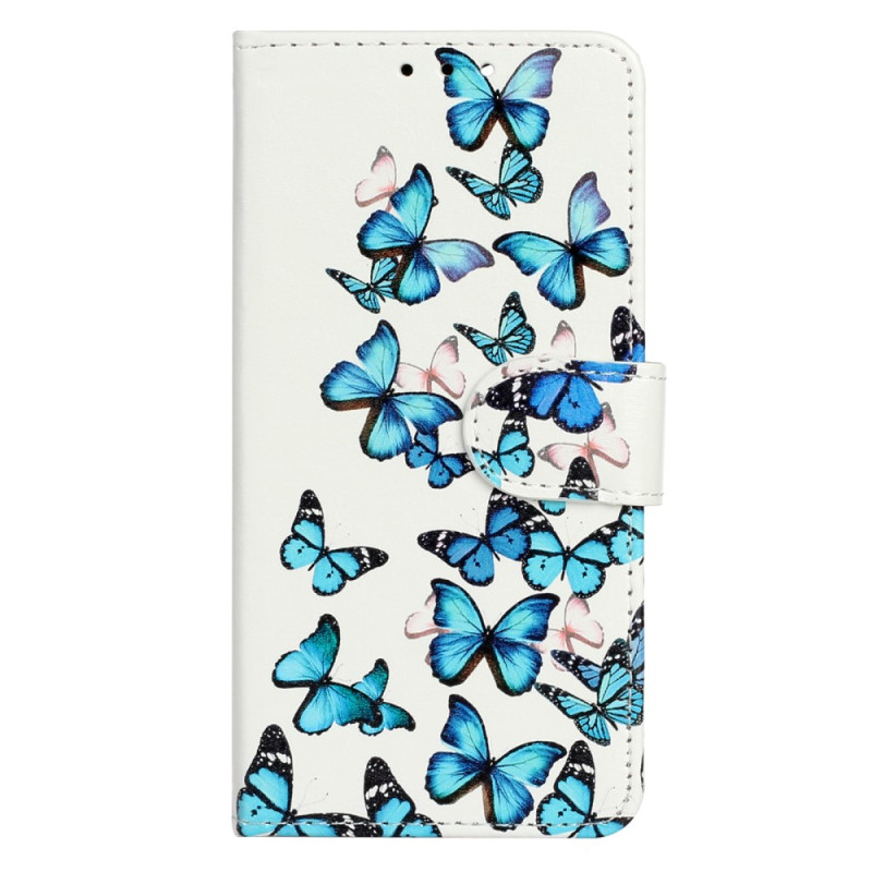 Tasche Moto G73 5G Blaue Schmetterlinge im Flug mit Riemen