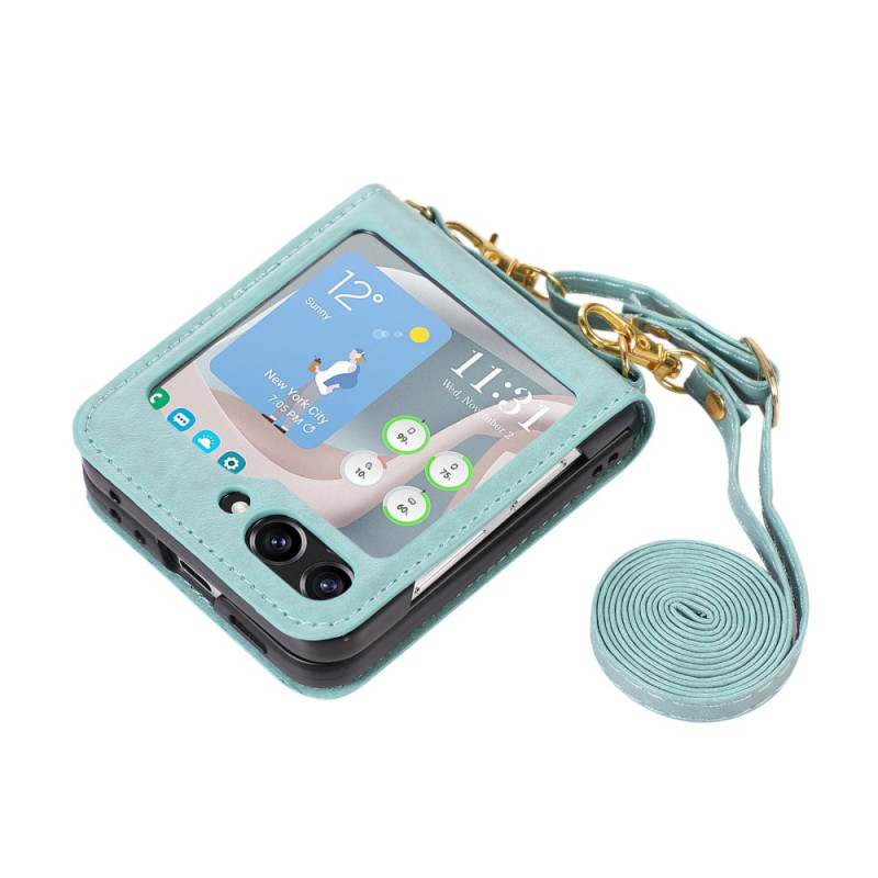 Samsung Galaxy Z Flip 5 Style Lederhülle Kartenhalter und Schulterriemen