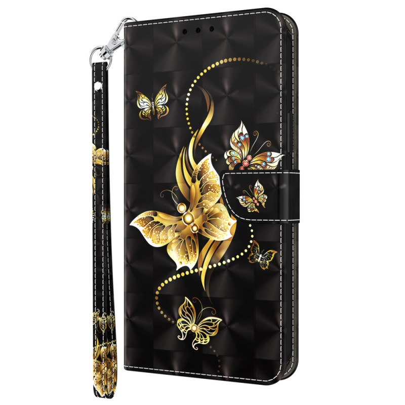 iPhone 15 Pro Hülle Goldene Schmetterlinge mit Riemen