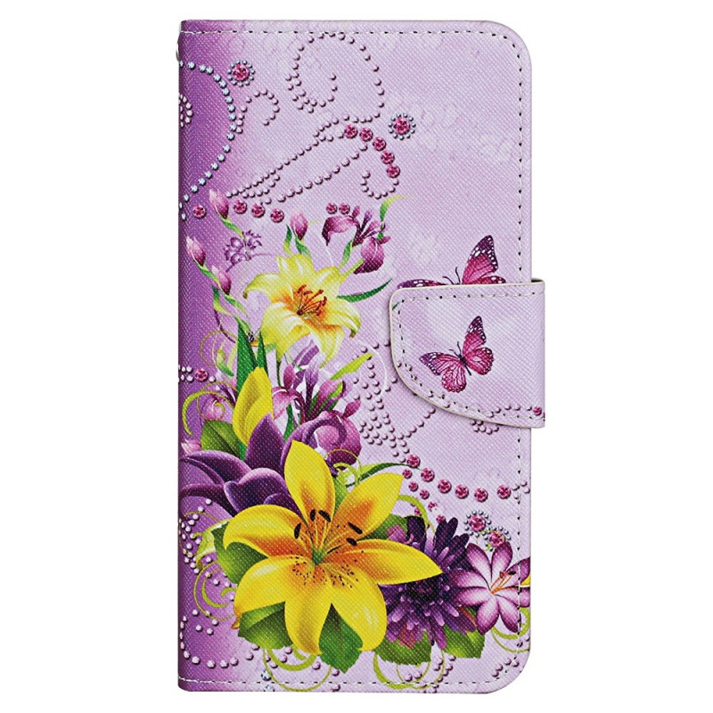 iPhone 15 Hülle Schmetterlinge und Blumen mit Riemen