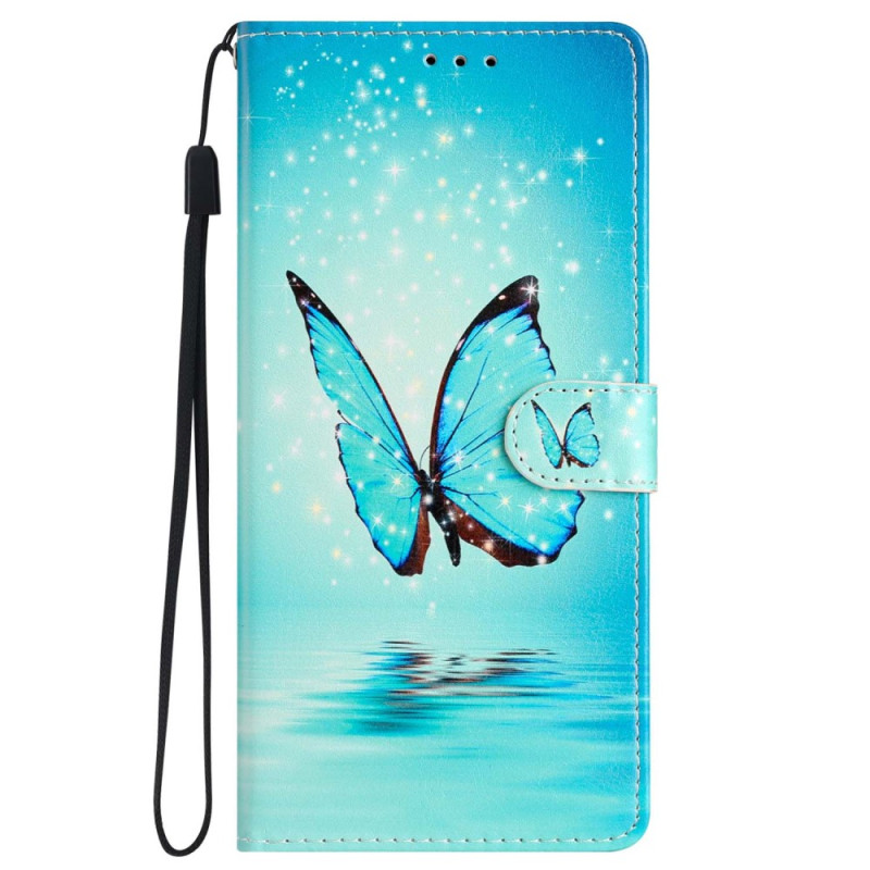 iPhone 15 Pro Hülle Schmetterling Hellblau mit Riemen