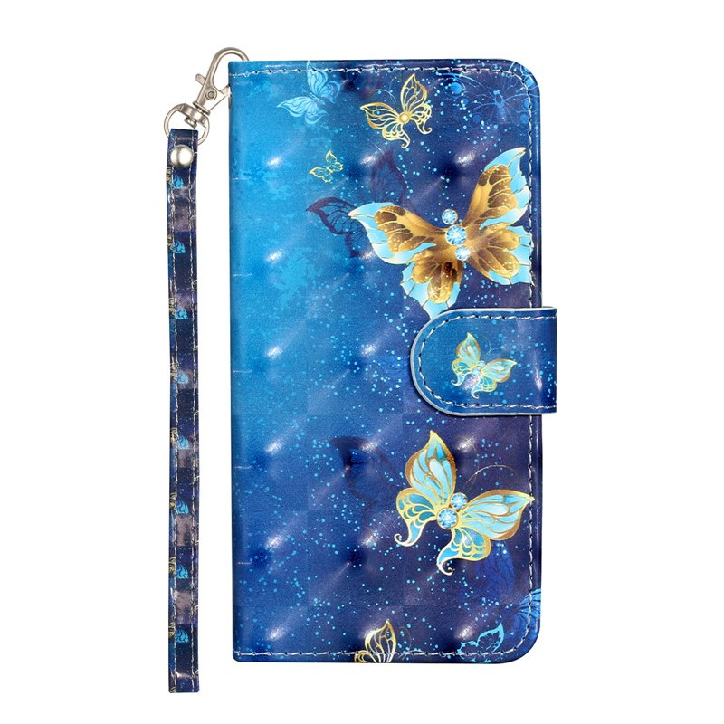 Tasche Moto G14 Blaue Schmetterlinge Gold mit Riemen