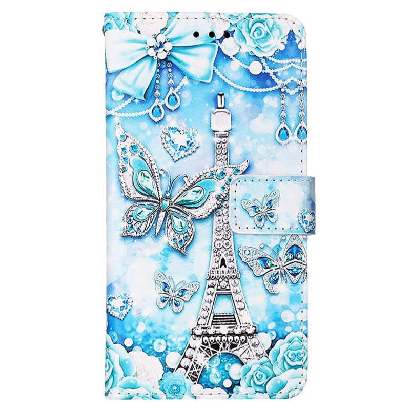 Samsung Galaxy S24 Tasche Eiffelturm und Schmetterlinge mit Riemen