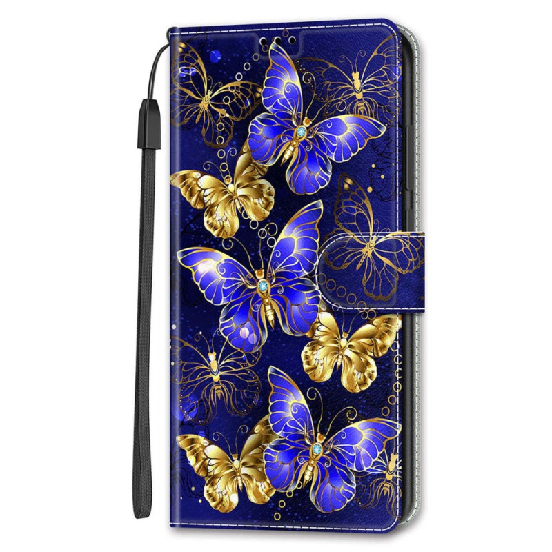 Samsung Galaxy S24 5G Schmetterlinge Tasche mit Riemen in Gold und Blau