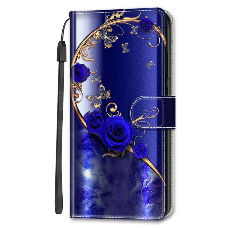 Samsung Galaxy S24 5G Tasche Blaue Rosen und Goldene Schmetterlinge mit Riemen