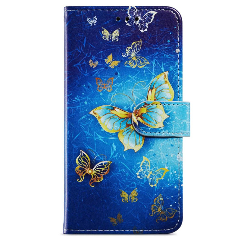 Moto G54 5G Tasche Goldene Schmetterlinge auf blauem Hintergrund mit Riemen