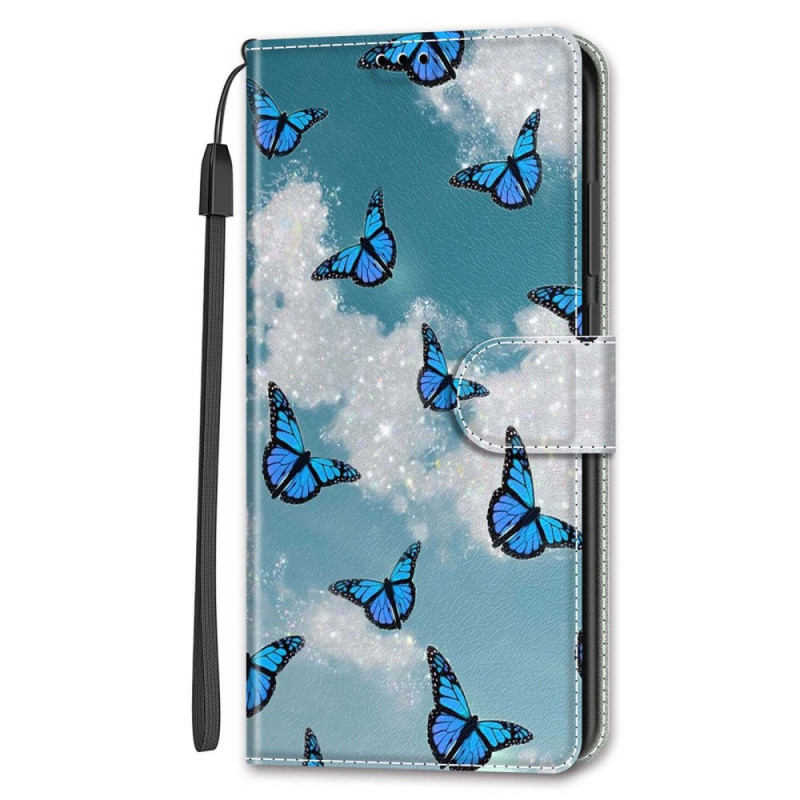 Samsung Galaxy S24 Plus 5G Tasche Weiße Wolke mit Blauen Schmetterlingen mit Riemen