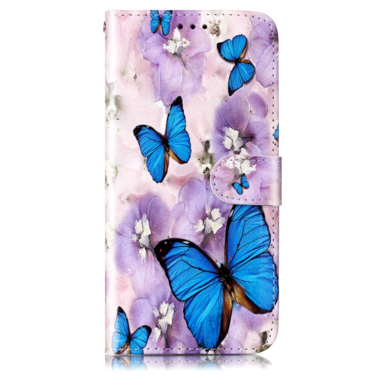 Samsung Galaxy S24 Plus 5G Tasche Blaue Schmetterlinge und Violette Blumen mit Riemen