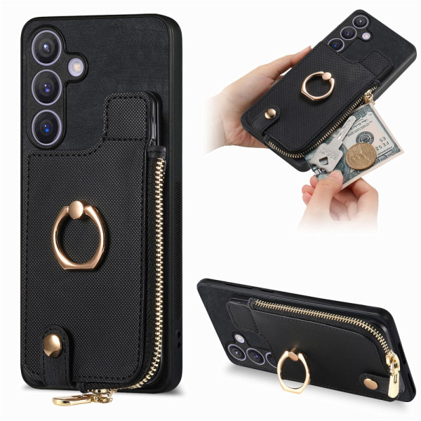 Coque pour Samsung Galaxy S24 Plus 5G avec Porte-Cartes à Fermeture Éclair et Support