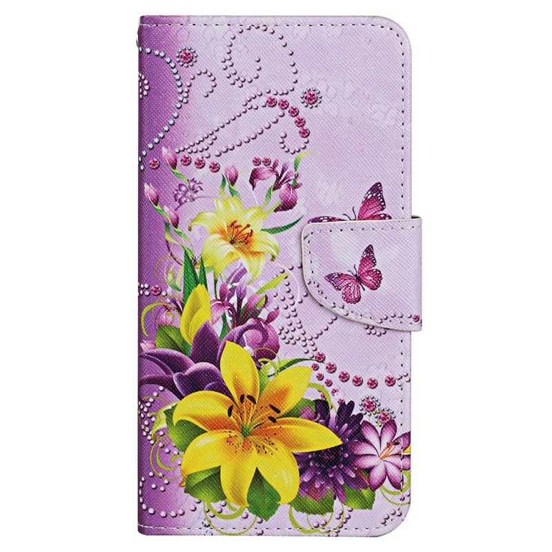 Samsung Galaxy A05s Tasche Blumen- und Schmetterlingsmotiv mit Riemen