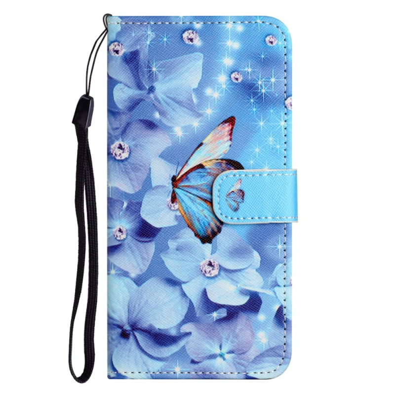 Samsung Galaxy A05s Tasche Blaue Blumen und Schmetterlinge mit Riemen
