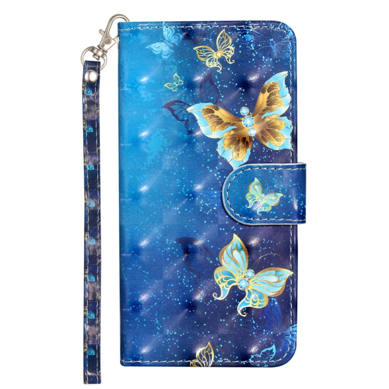 Samsung Galaxy A05s Schmetterlinge Tasche mit Riemen in Blau und Gold