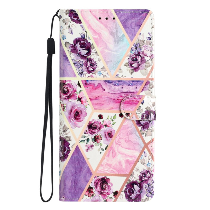 Xiaomi 13T / 13T Pro Tasche Marmor und Violette Blumen mit Riemen