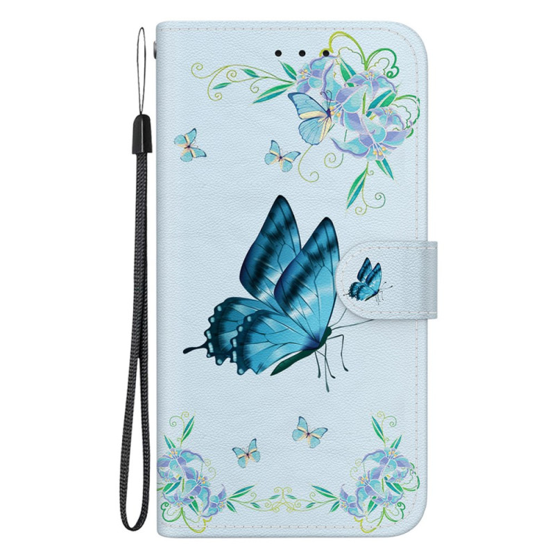 Xiaomi Redmi Note 12S Tasche Blauer Schmetterling und Blumen mit Riemen