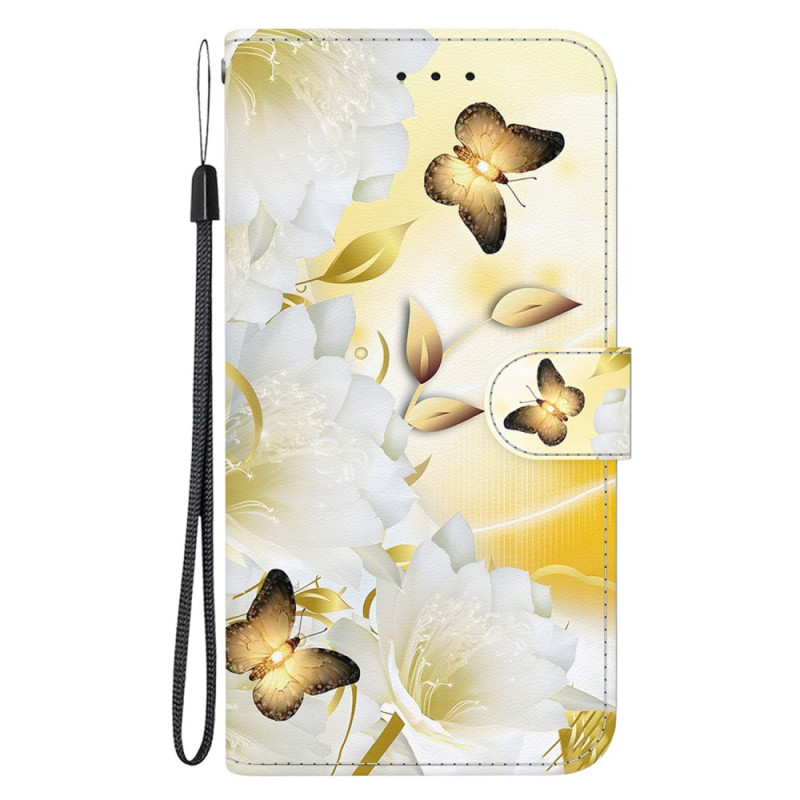 Honor 90 Lite Tasche Goldene Schmetterlinge und Weiße Blumen mit Riemen