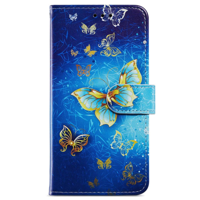 Samsung Galaxy A55 5G Schmetterling Goldene Tasche auf Blauem Hintergrund mit Riemen