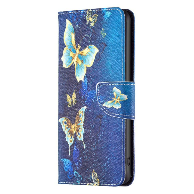 Samsung Galaxy A35 5G Hülle Goldene Schmetterlinge auf blauem Hintergrund