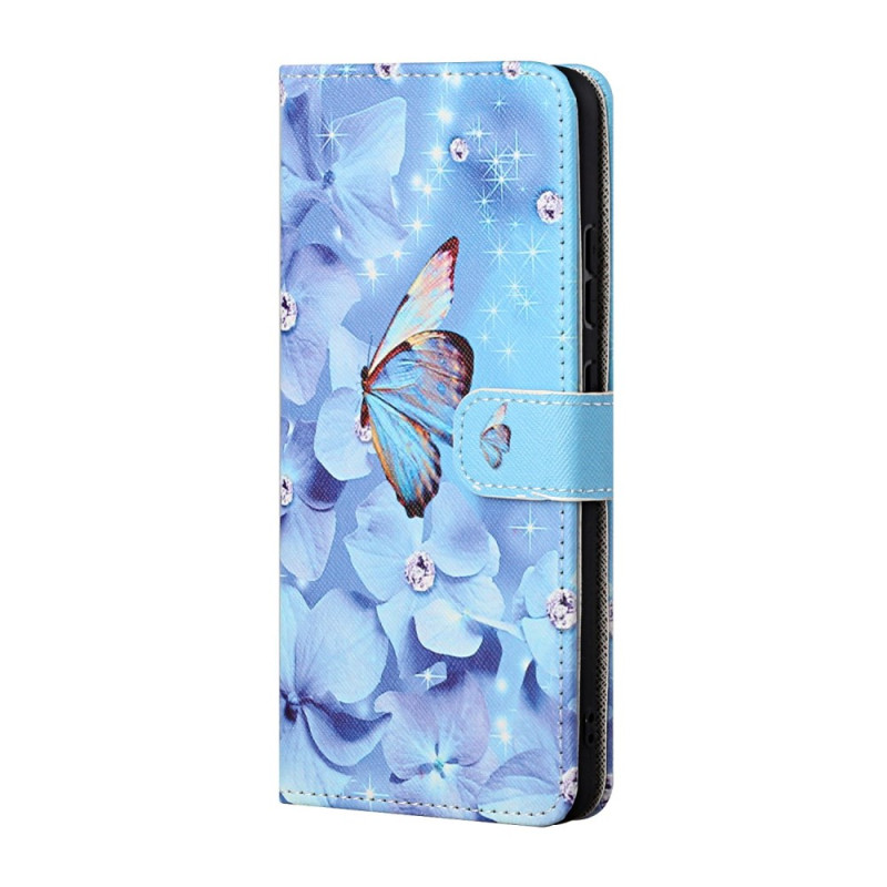 Google Pixel 8A Tasche Blaue Blumen und Schmetterlinge mit Riemen