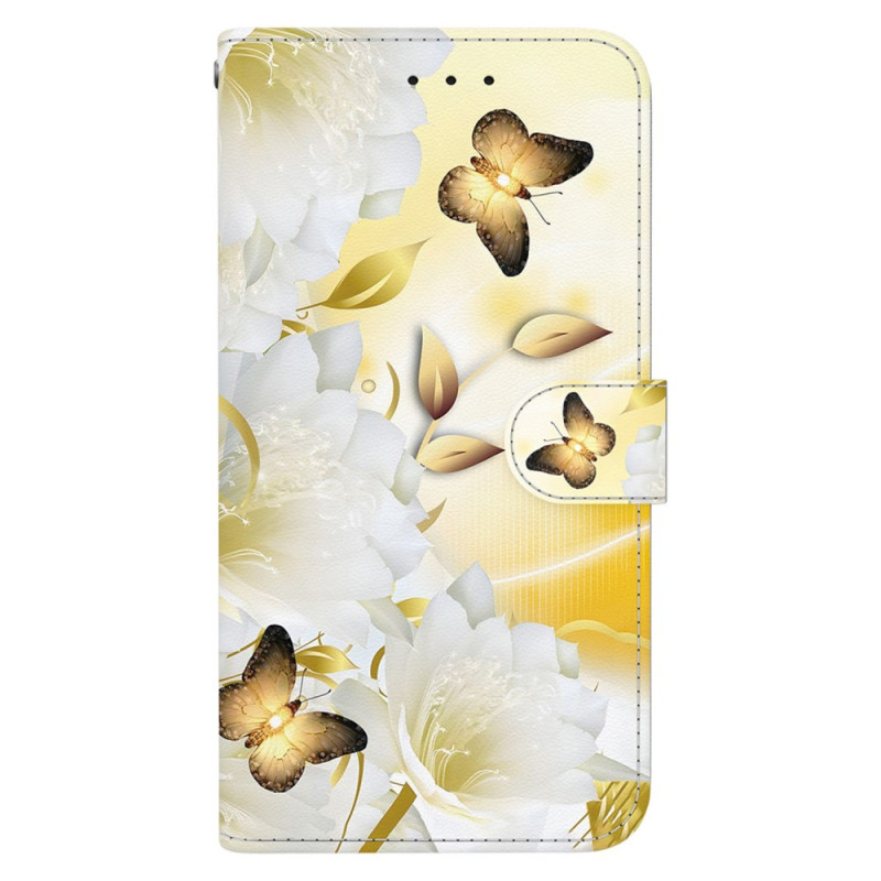 Honor Magic 6 Lite Tasche Goldene Schmetterlinge und Weiße Blumen mit Riemen